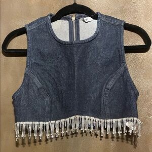 Zara Blue Denim Top with Sparkling Fringe